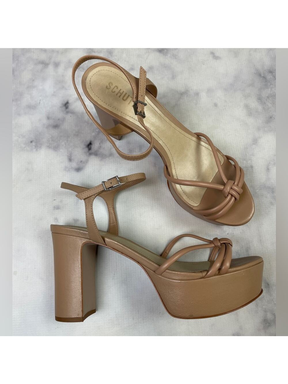 Schutz Kelsie Strappy Leather Platform Sandals Nude Tan Block Heel Sz 9